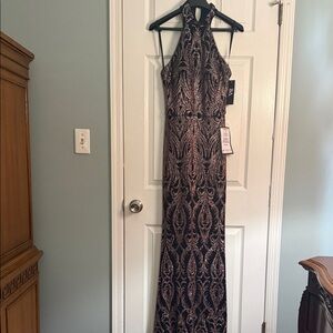 Elegant Black and Rose Gold Sequin Halter Maxi Dress